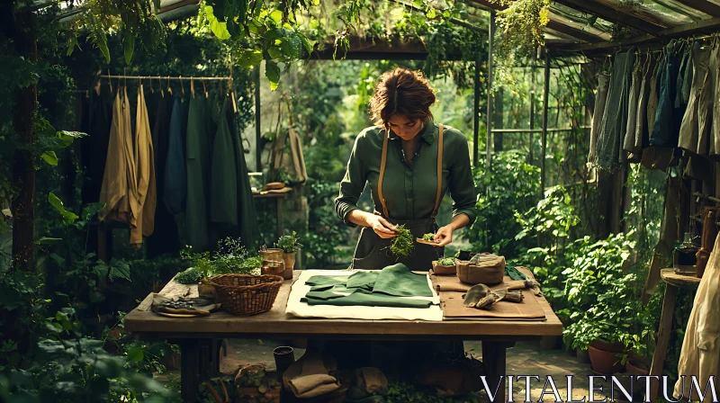 Woman Arranging Plants in Lush Greenhouse AI Image