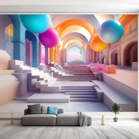 Surreal Architectural Interior with Pastel Balloons