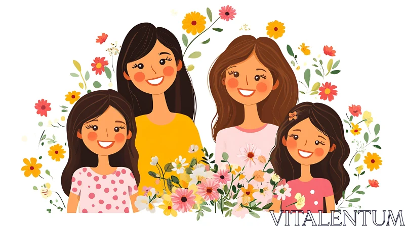 Mothers and Daughters Surrounded by Flowers AI Image