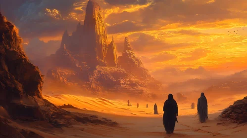 Figures Walking Through a Desert at Sunset