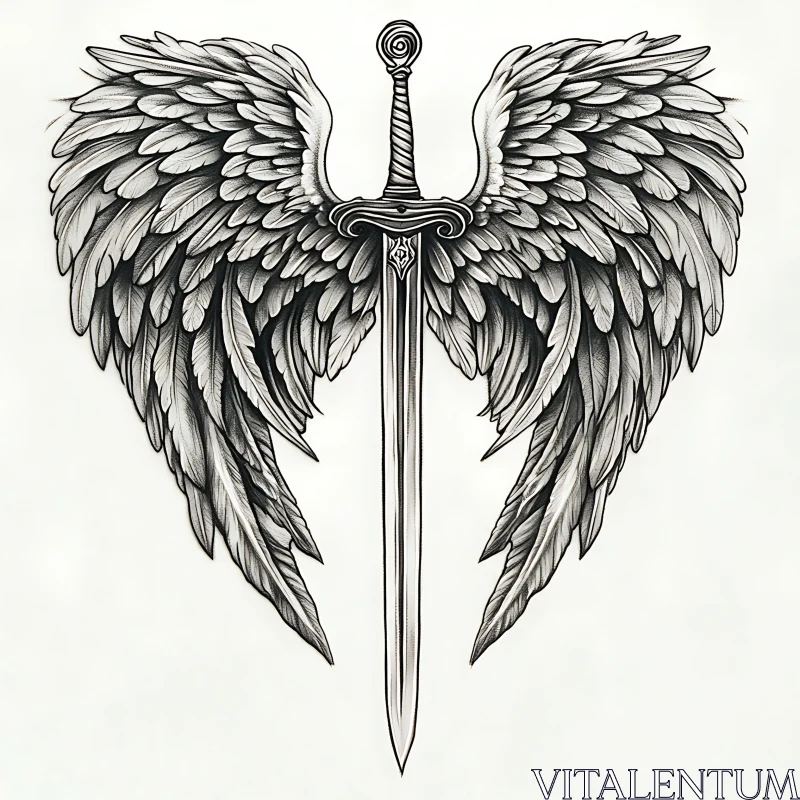 AI ART Sword with Wings - Monochrome Art