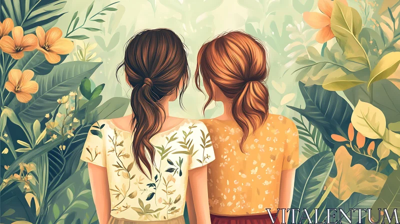 Two Girls in a Floral Garden AI Image