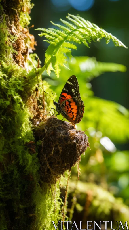 Butterfly on Moss-Covered Branch - Nature's Beauty in Focus AI Image