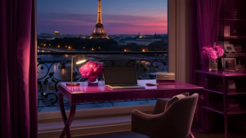 Captivating Desk with Eiffel Tower View | Romanticized Skies