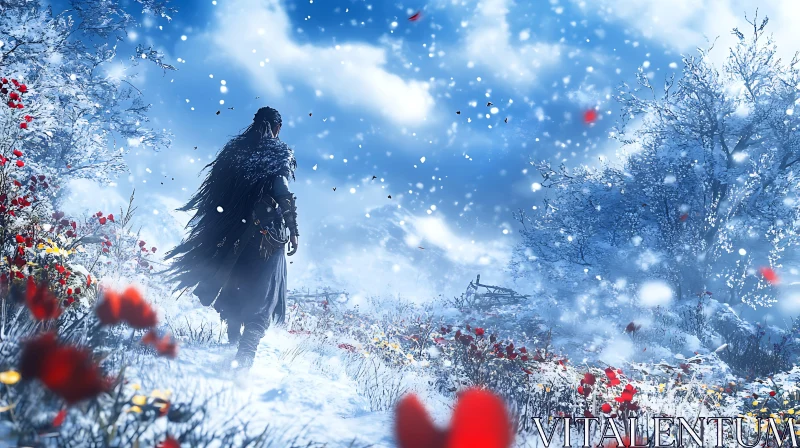 Snowy Vista with Figure and Red Flowers AI Image