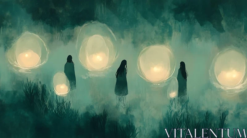 AI ART Figures with Lanterns in the Mist