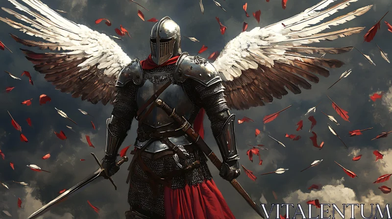 AI ART Armored Knight with Wings Amidst Falling Arrows