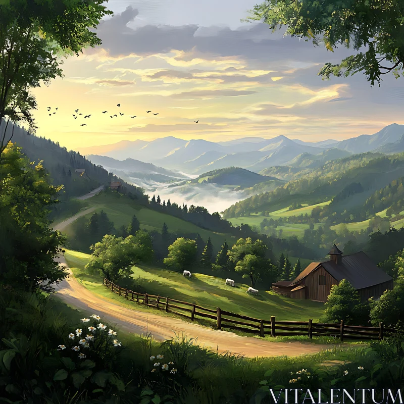 Scenic Countryside Vista with Rolling Hills AI Image