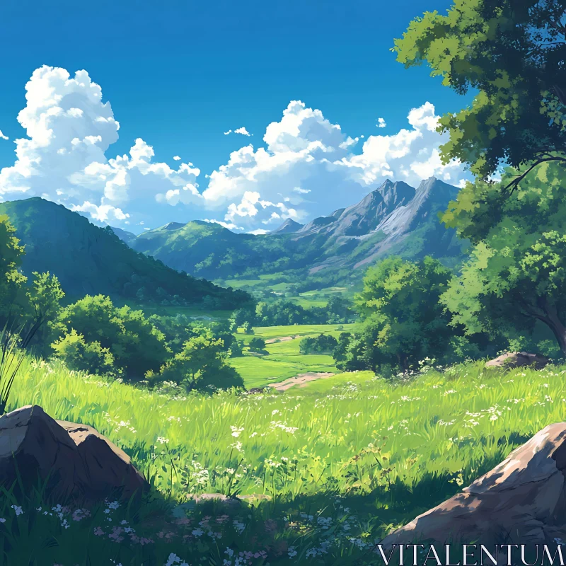 AI ART Scenic Mountain Landscape with Green Meadow