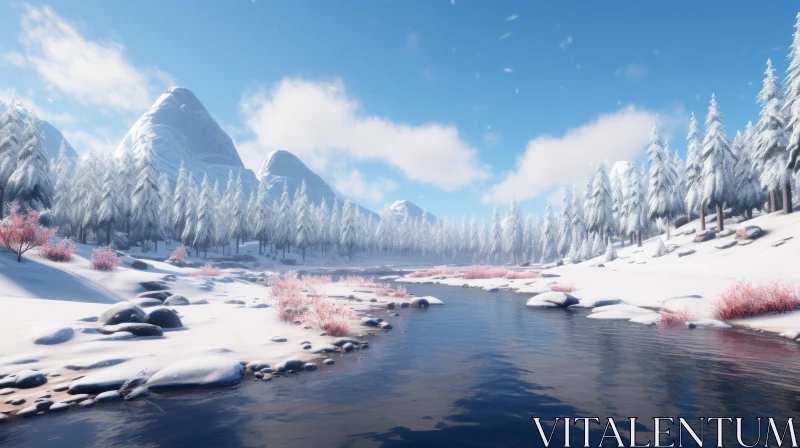Eerily Realistic Winter Mountain Scene Near a River AI Image