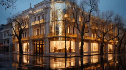 Elegant Storefront on Rainy City Street | Classical Elegance