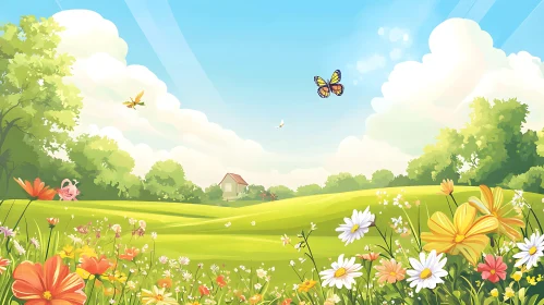 Cartoon Field with Flowers and Butterfly