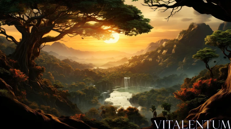 Fantasy Landscape with Waterfall and Mountains AI Image