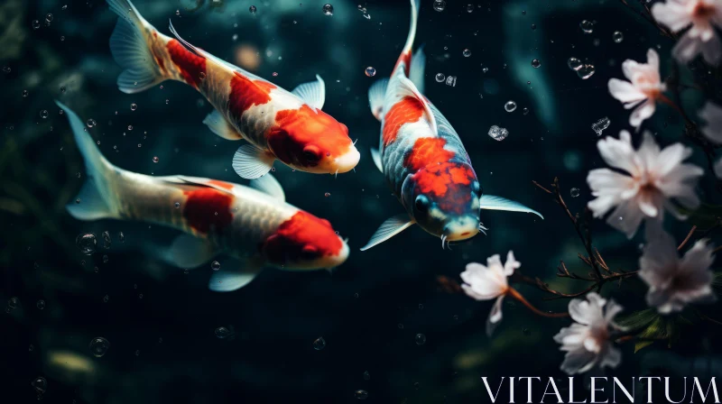 Realistic Chiaroscuro Rendered Koi Fish Amidst Blossoms AI Image
