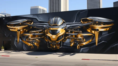 Street Mural of Golden Robot-like Aircraft