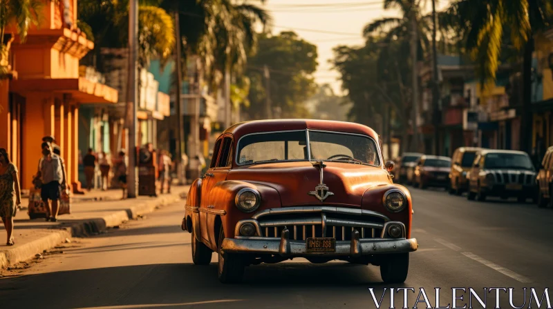 Vintage Car in Cuba: A Fusion of Cultures under a Golden Light AI Image