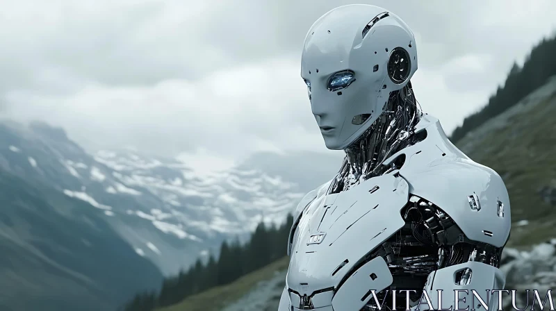 Advanced Robot Amidst Mountain Scenery AI Image