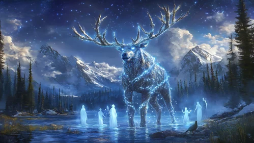 Glowing Deer with Spirits by Lake