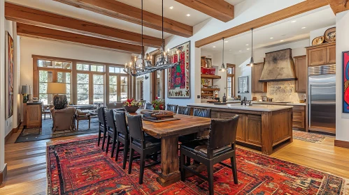 Rustic Dining Area with Red Rug