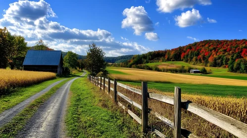 Autumn Landscape with Wooden Fence and Fields