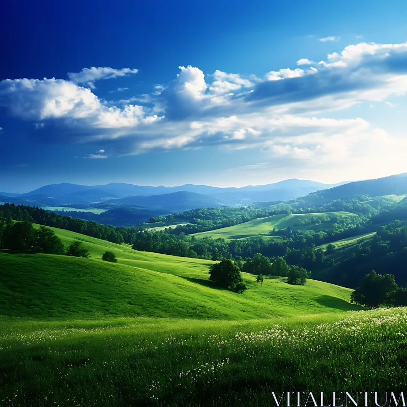 Rolling Hills and Cloudy Sky View AI Image