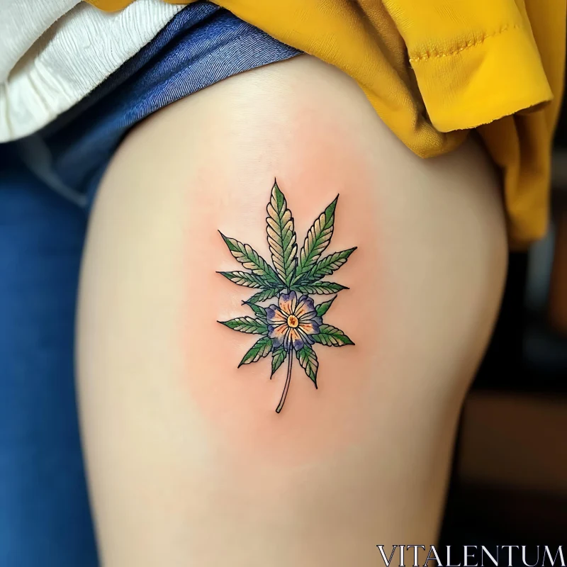 Botanical Leaf and Flower Tattoo on Thigh AI Image