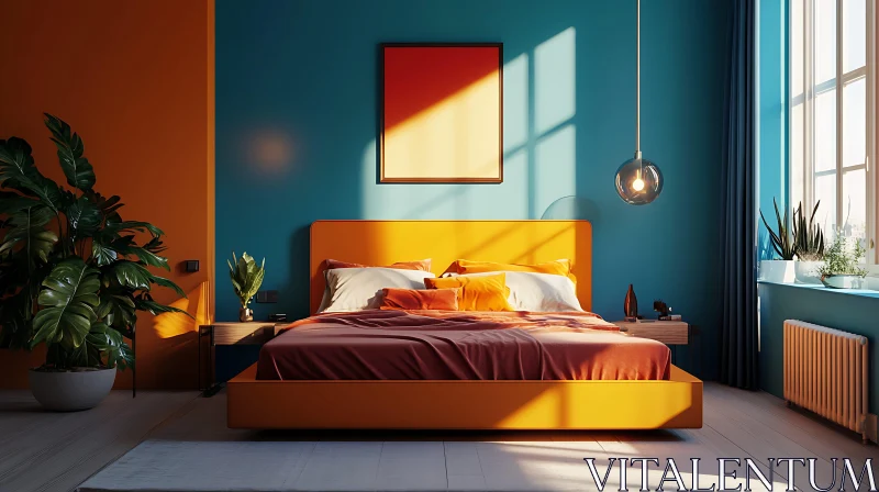 Contemporary Bedroom with Yellow and Teal Accents AI Image