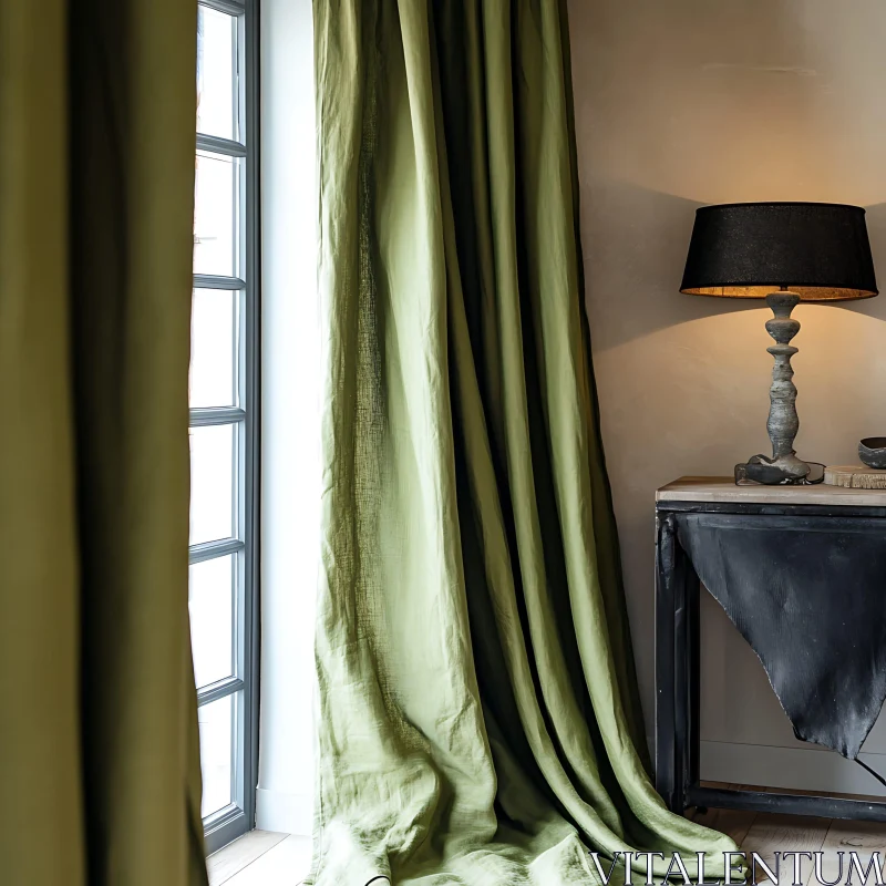 Green Textile Window Dressing with Lamp AI Image