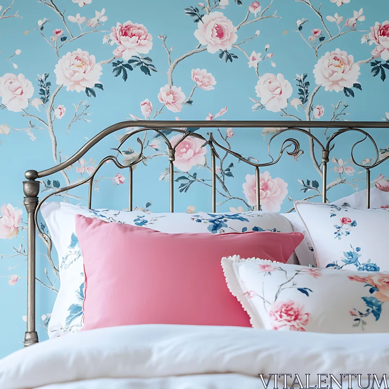 AI ART Floral Bedroom with Pink Pillow