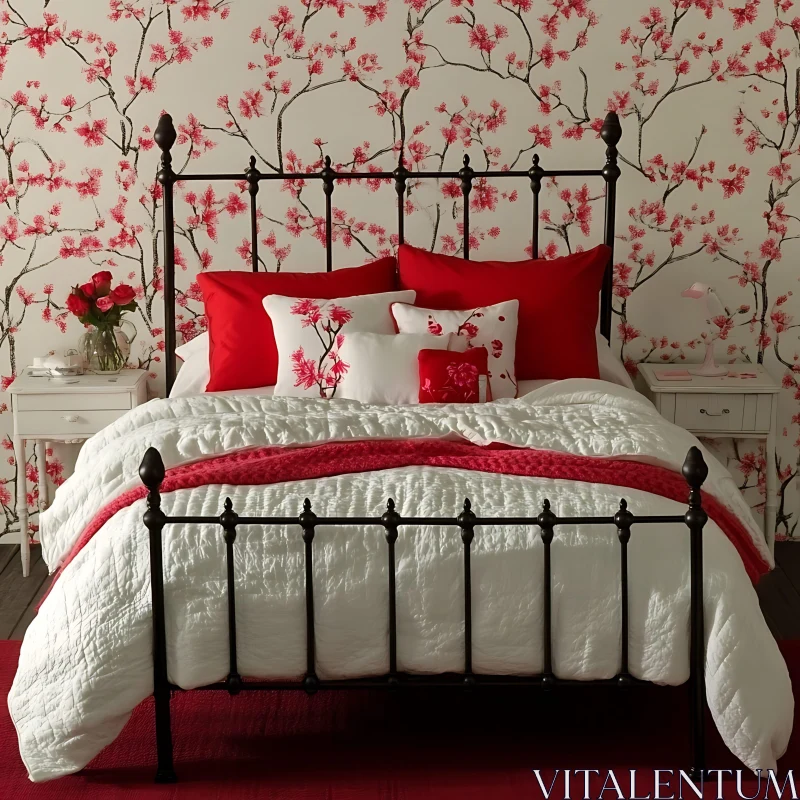 Red and White Bedroom Interior AI Image