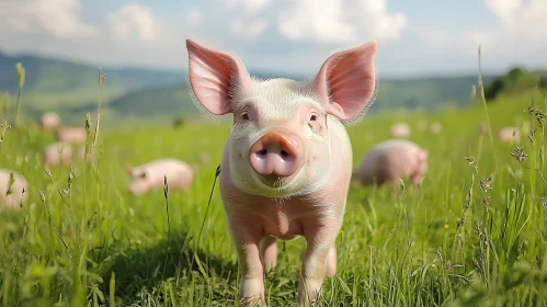 Pink Piglet Portrait in Grassy Field