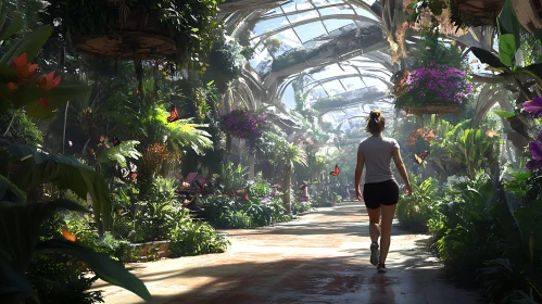 Woman Walking in Lush Greenhouse