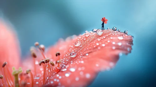 Whimsical Miniature Scene on a Dewy Flower Petal