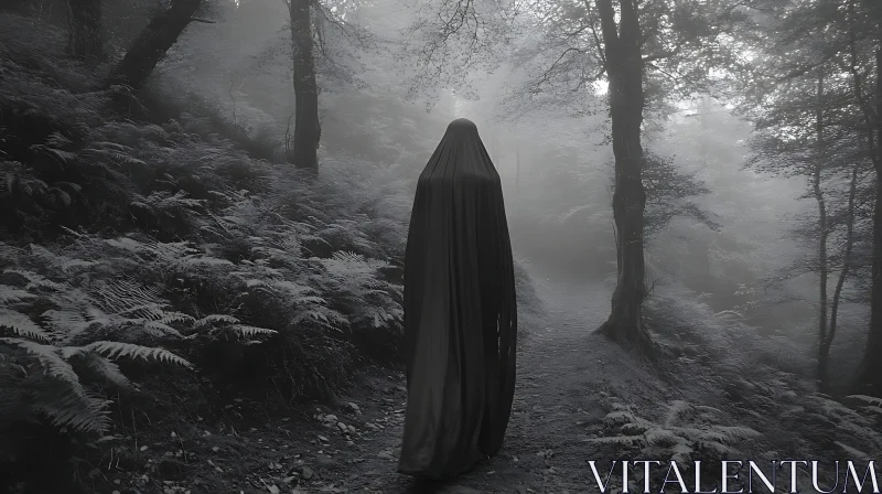 AI ART Monochrome Shrouded Figure in Foggy Woods