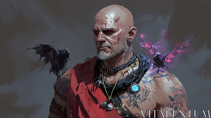 Tattooed Man and His Raven Companions AI Image