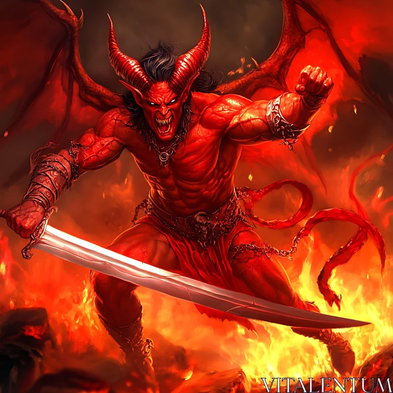 AI ART Red Demon with Sword in Fire