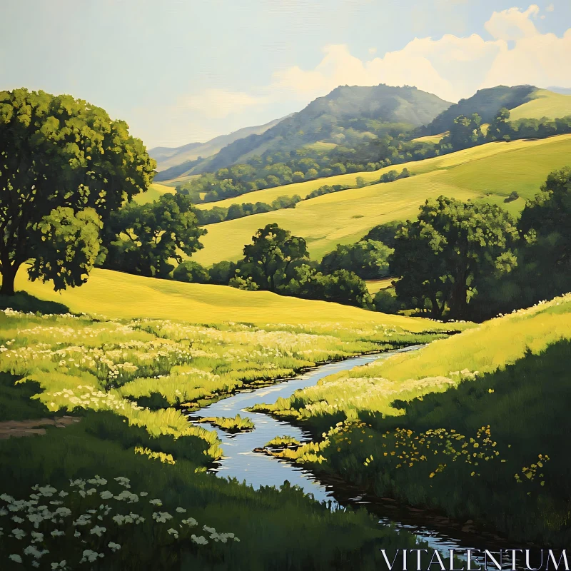 Green Meadow and Stream Landscape Painting AI Image