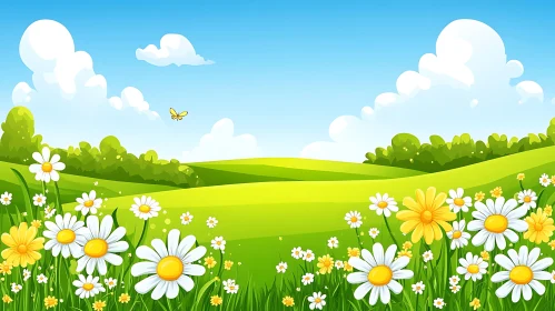 Daisy Field Cartoon Landscape