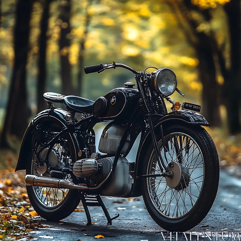 Classic Black Motorcycle in Fall AI Image