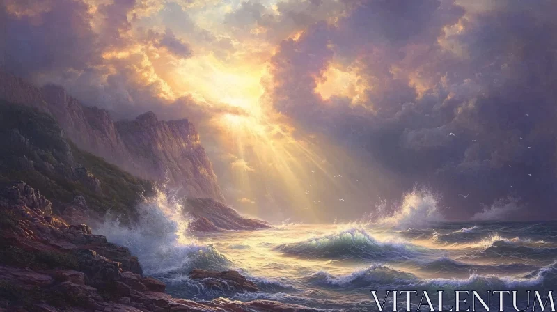 AI ART Sunlit Ocean Waves Against Rocky Cliffs