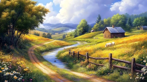 Idyllic Rural Landscape with Cabin and Stream