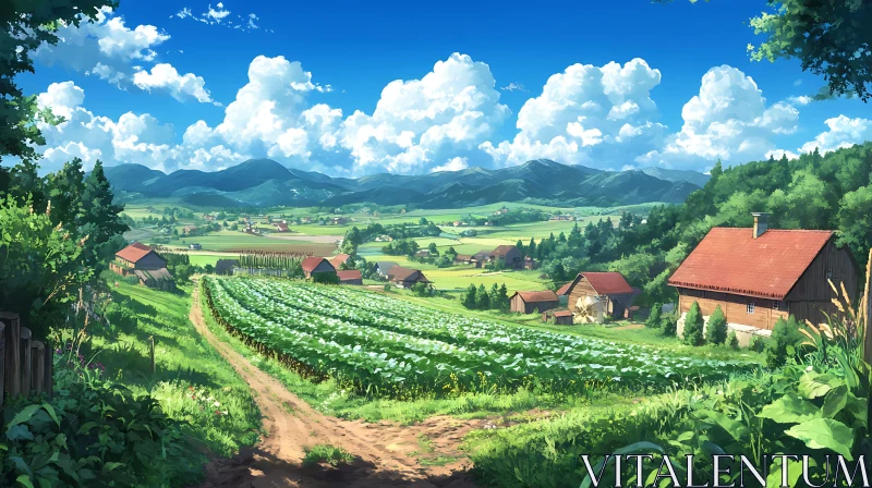 AI ART Scenic Farmland Landscape with Distant Mountains