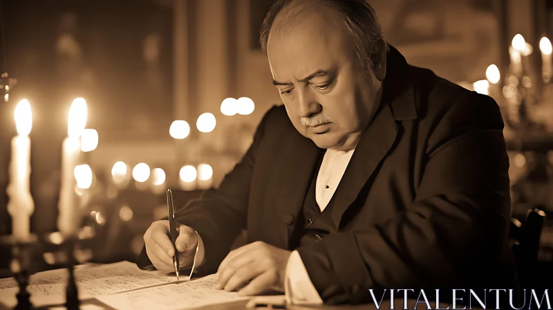 Man immersed in writing by candlelight AI Image