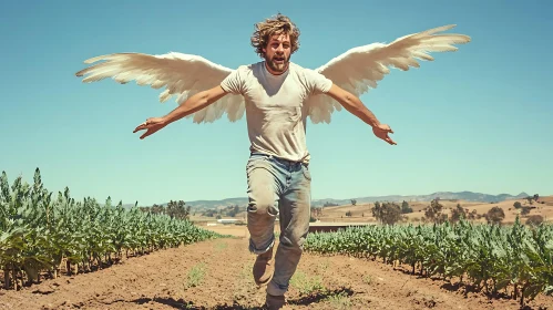 Man with Wings in Rural Landscape