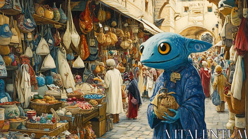 Blue Creature at Bustling Marketplace AI Image