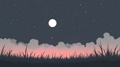 Serene Night Scene with Moonlit Meadow