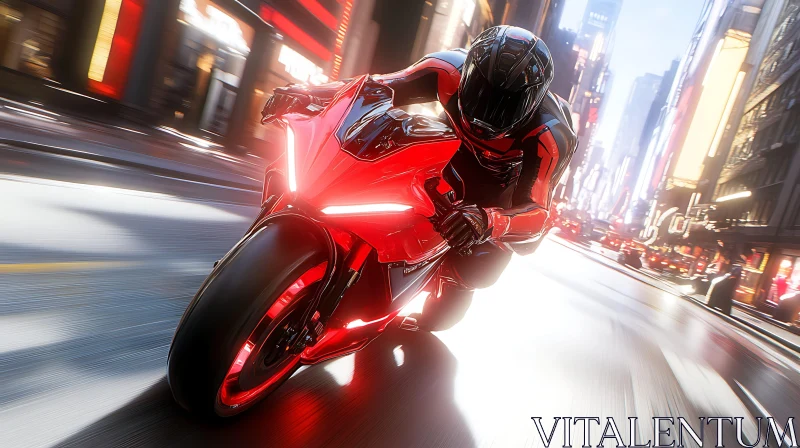 Red Motorcycle Speeding in Urban Environment AI Image