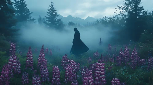 Ethereal Figure Among Purple Blooms