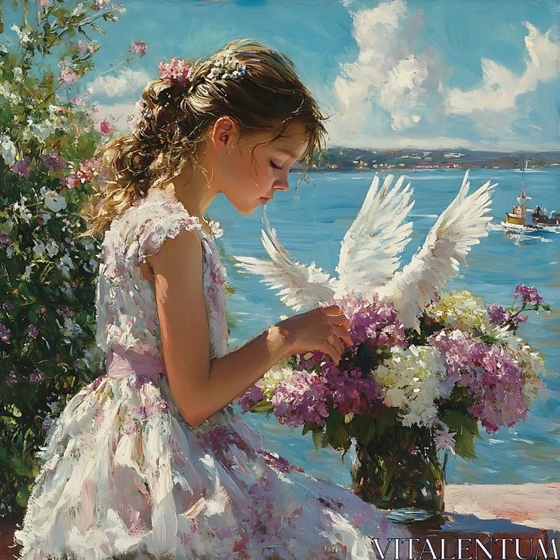 AI ART Young Girl Arranging Flowers with Doves