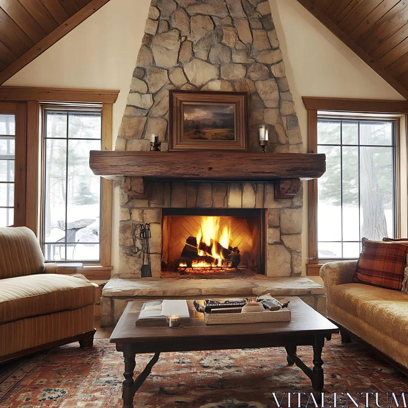 Stone Fireplace with Burning Fire AI Image